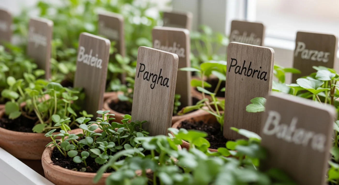 Hand-painted wooden **DIY garden markers** with plant names, perfect for a rustic and organized herb garden.