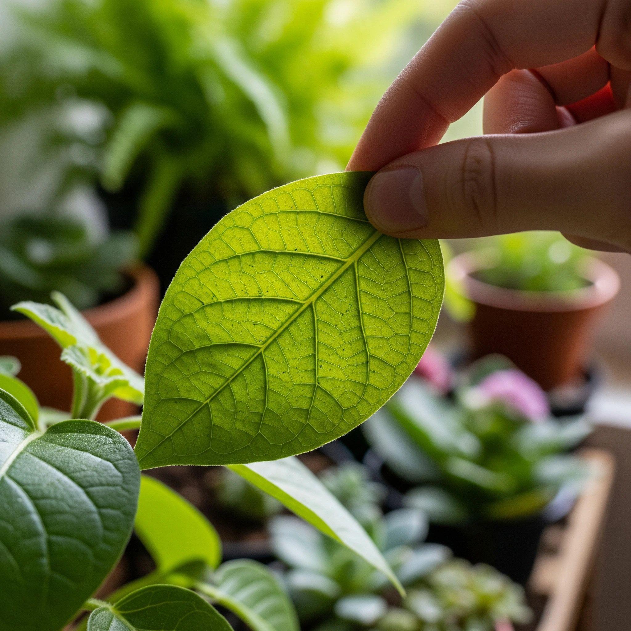 A hand inspecting the underside of a plant leaf, a crucial step in proactive **natural pest control for indoor plants** prevention.