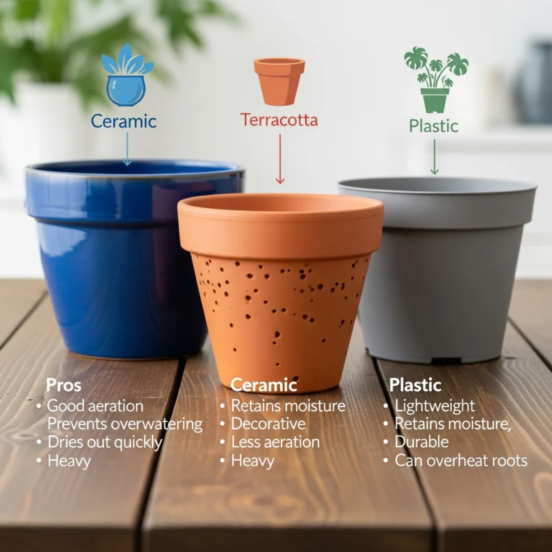 A variety of **pot materials for plants**, including terracotta, ceramic, and plastic, displayed to help with pot selection.