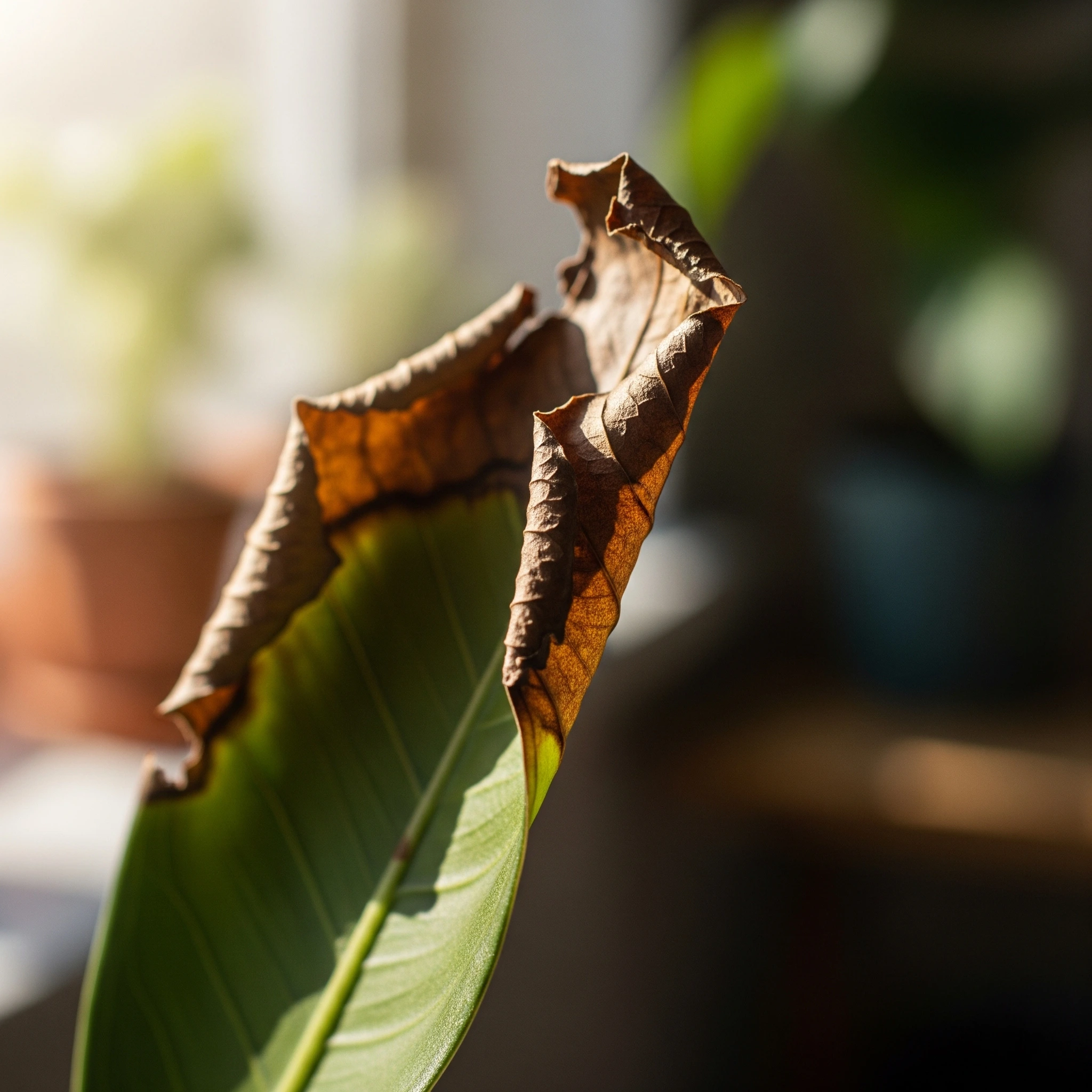 A close-up of a houseplant leaf with brown, crispy tips, a classic symptom of low **humidity for indoor plants** and a sign of distress.
