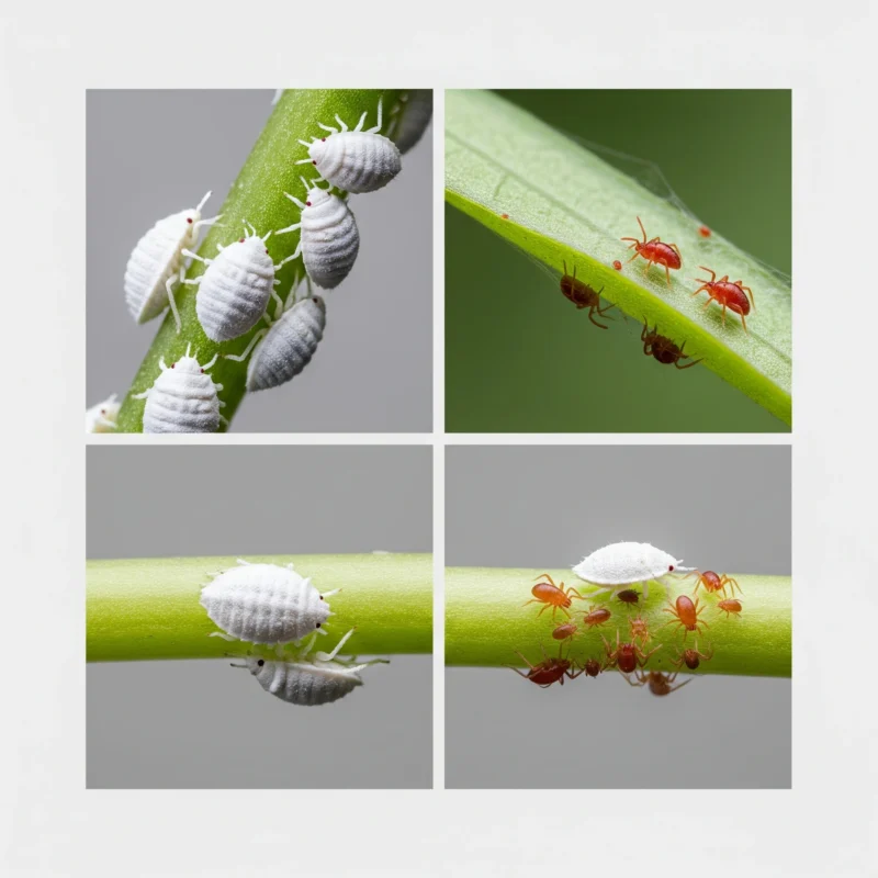 A collage of common **houseplant pests**, including mealybugs and spider mites, to help with identification for effective natural pest control.