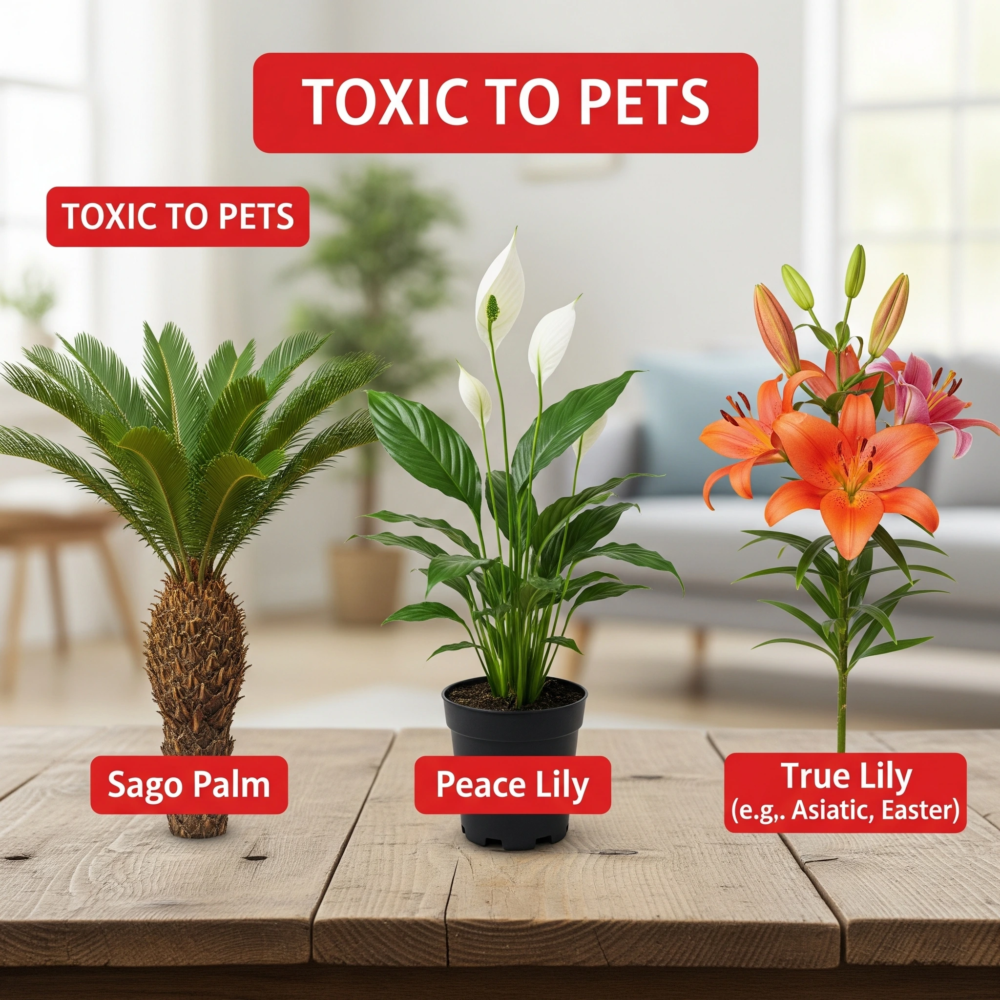 A visual guide of common **toxic plants to cats and dogs**, including lilies and sago palms, for pet owner awareness.