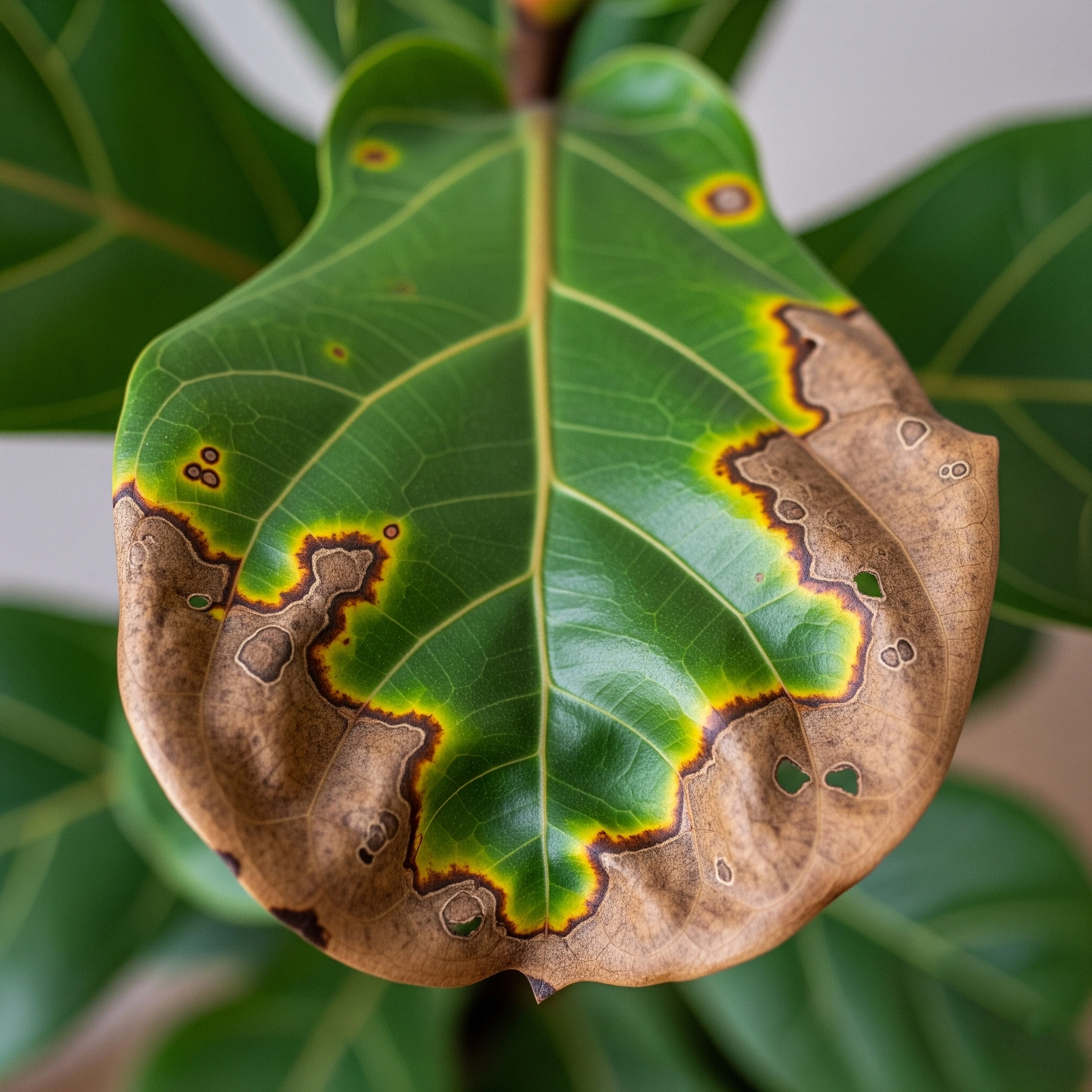 A Fiddle Leaf Fig leaf with brown spots, a common problem illustrating the challenges of **Fiddle Leaf Fig care**.