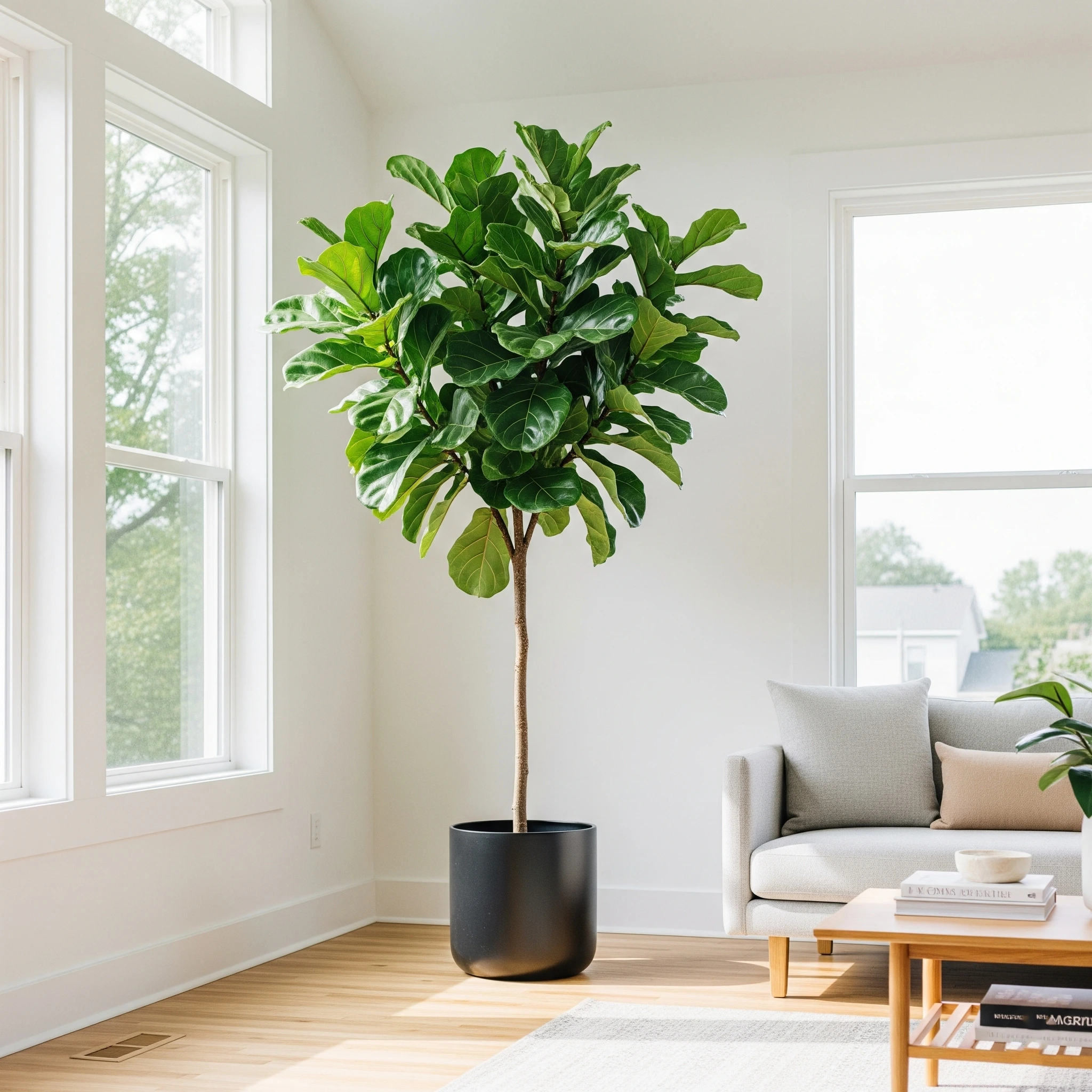 A large, thriving Fiddle Leaf Fig plant with glossy green leaves in a stylish pot, serving as a visual for this comprehensive **Fiddle Leaf Fig care** guide.