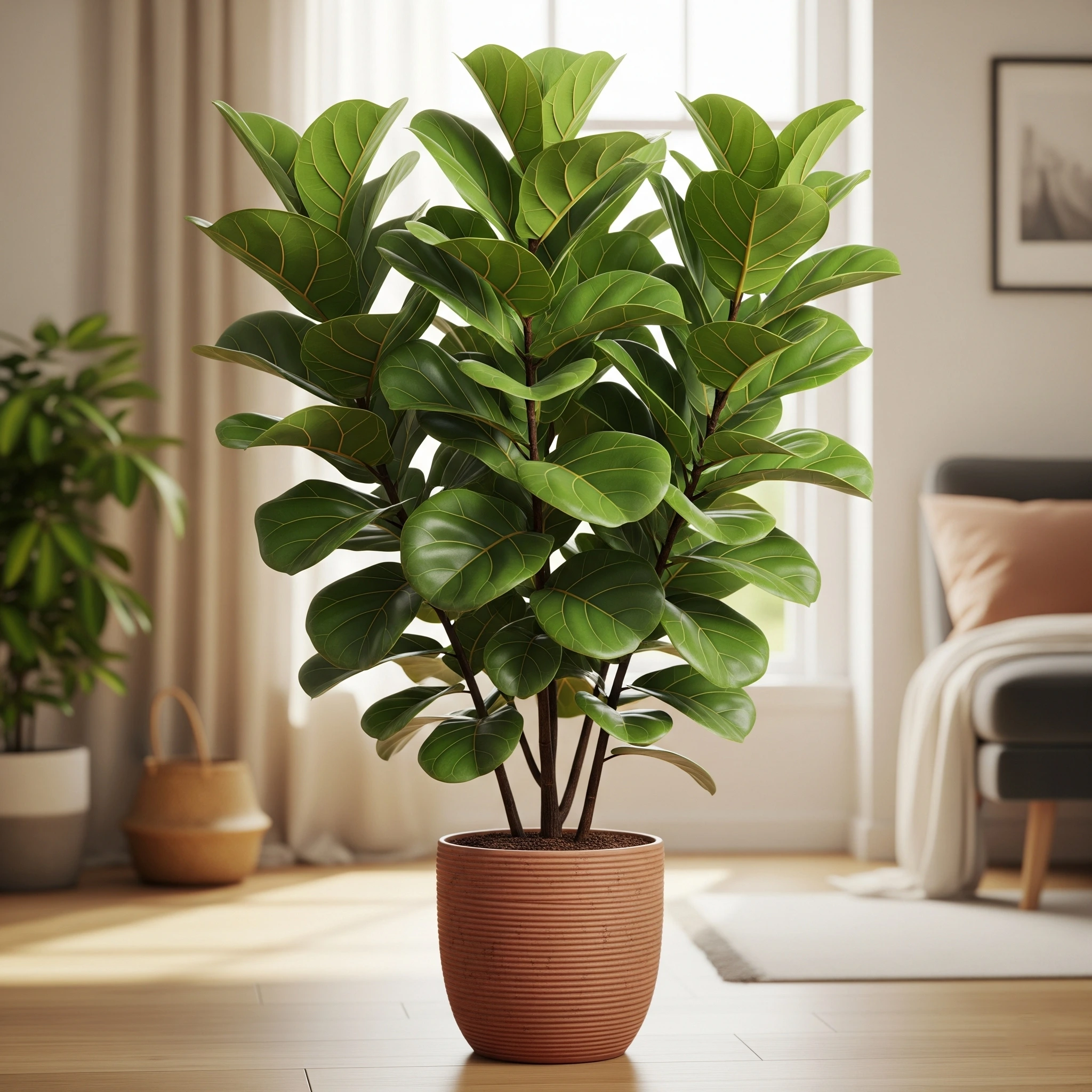 A large, healthy Fiddle Leaf Fig with lush, glossy green leaves, thriving beautifully in a home environment.