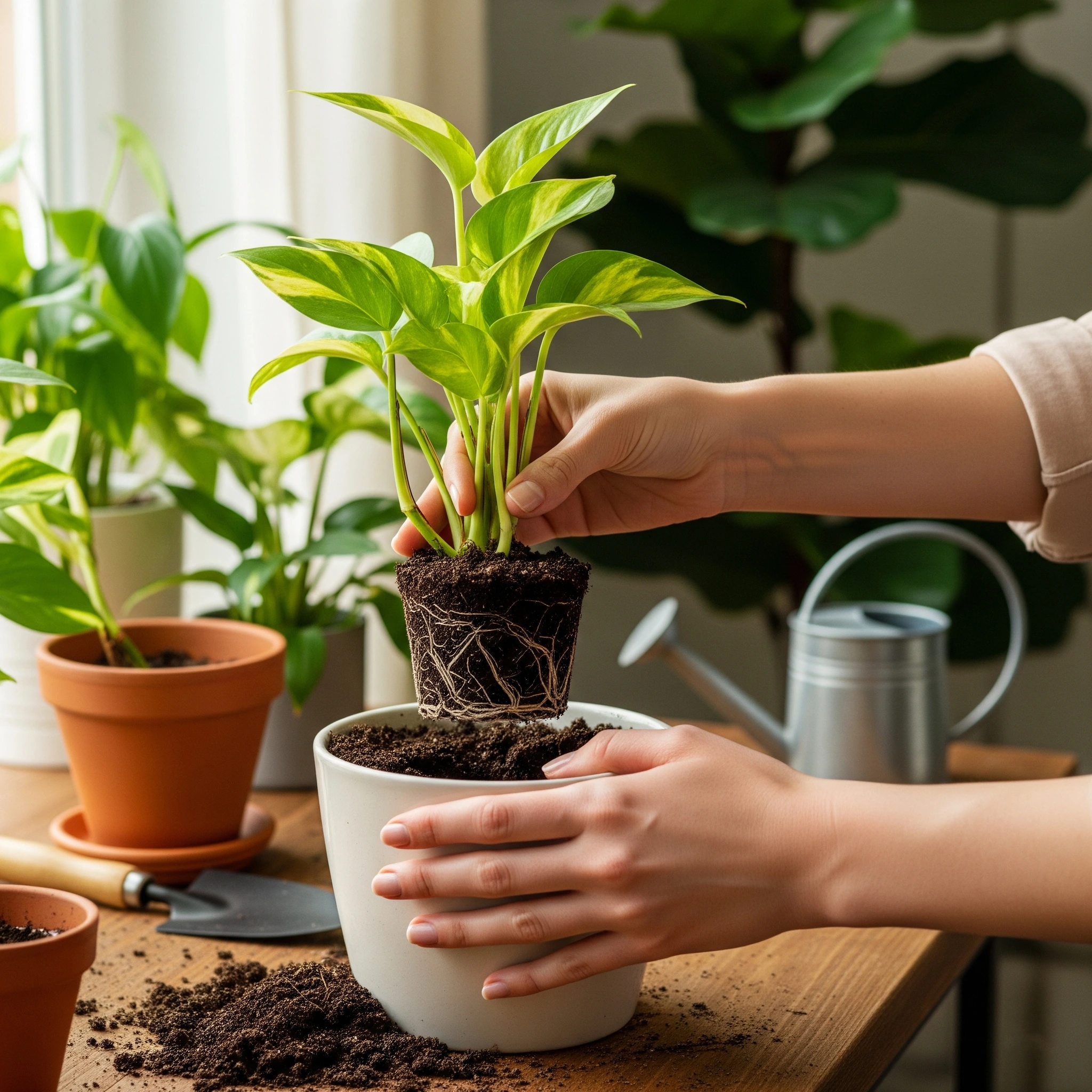 A person repotting an indoor plant into a new, slightly larger pot, following a guide on **how to choose a plant pot**.