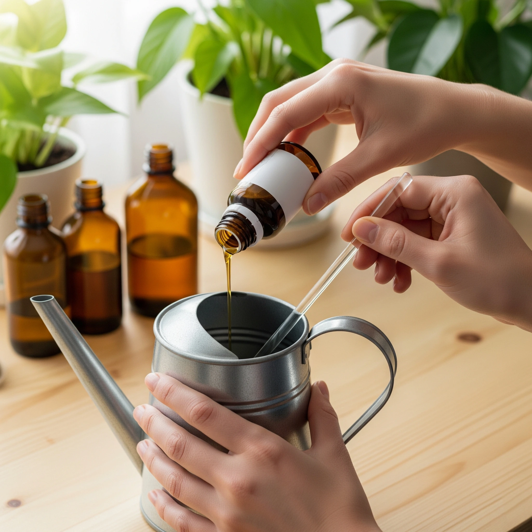 A person preparing liquid fertilizer, a key step in a comprehensive **houseplant fertilizer guide** for beginners.