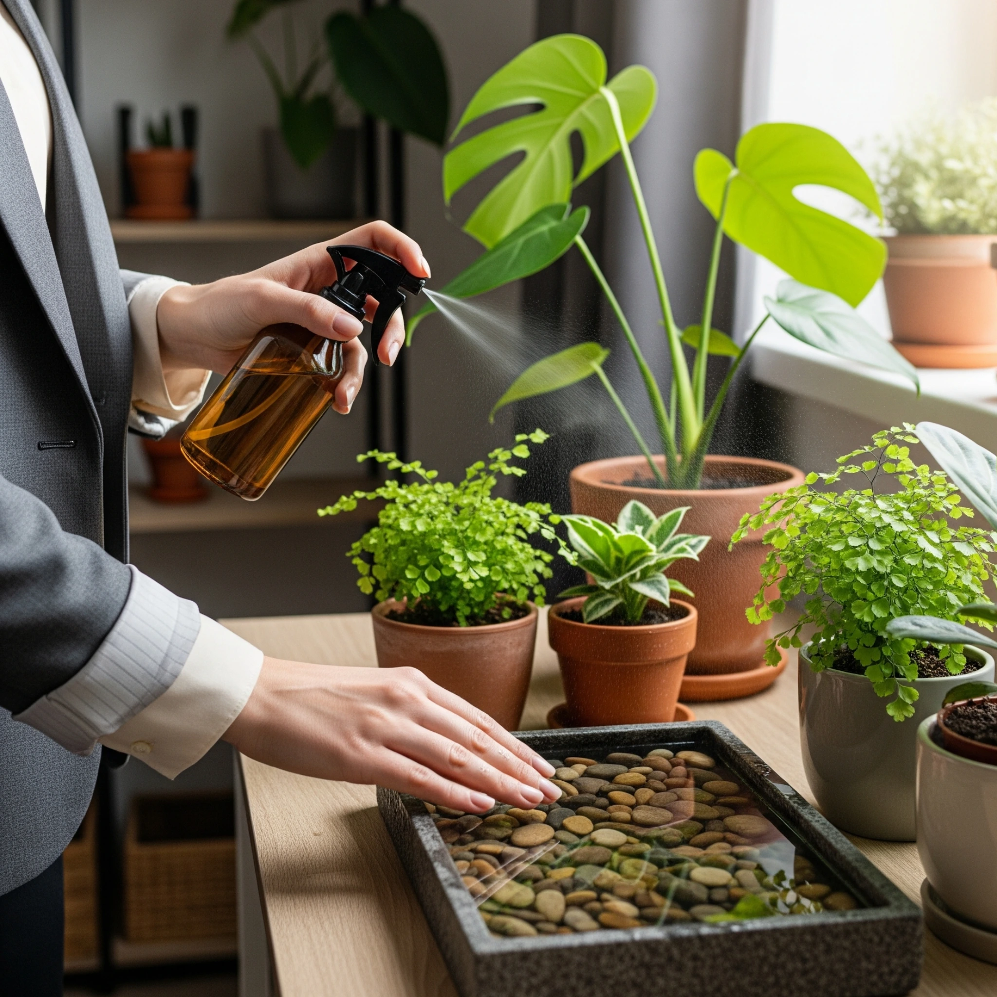 A person using various methods like a pebble tray and misting to increase **humidity for indoor plants** in a dry home environment.