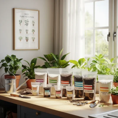 A collection of different types of **indoor plant soil**, including potting mix, perlite, and coco coir, for making a custom blend.