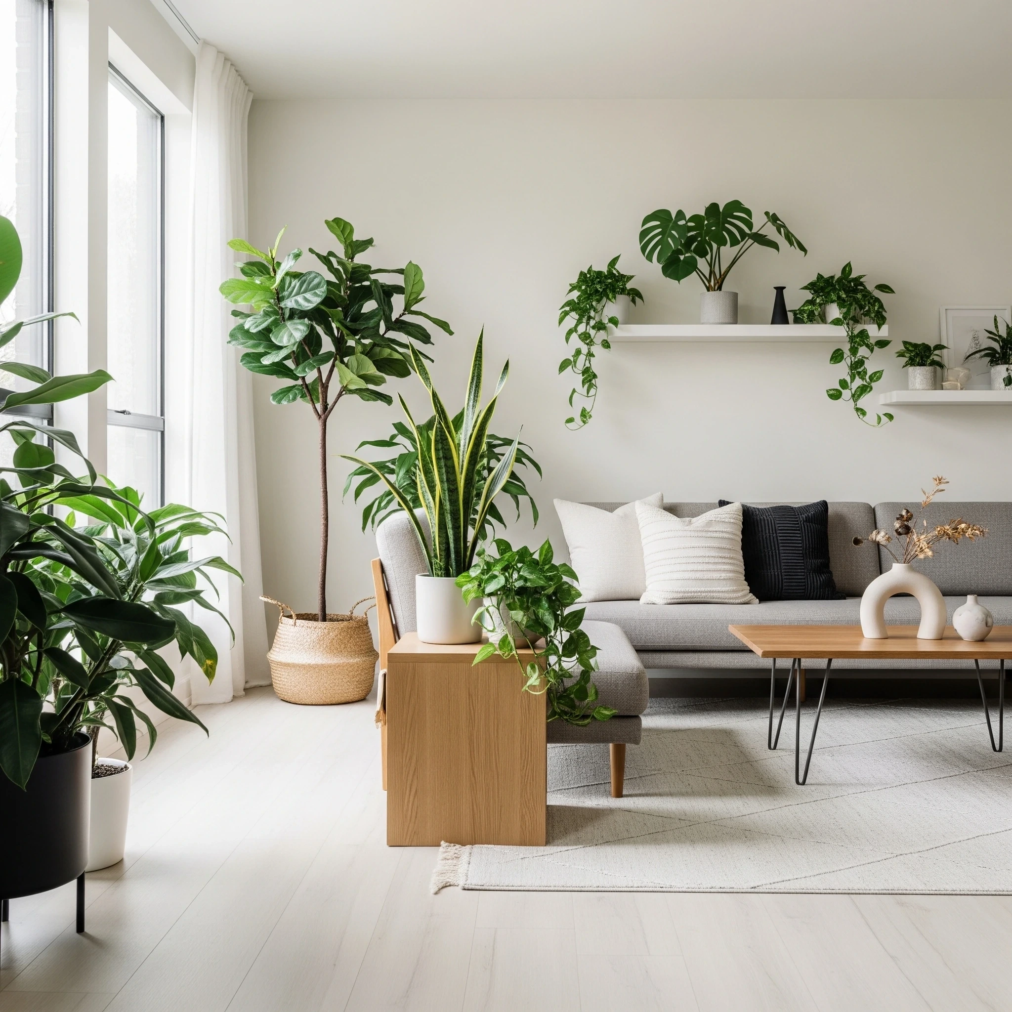 A beautifully styled living room with various **indoor plant styling** arrangements, creating a harmonious and vibrant space for relaxation.