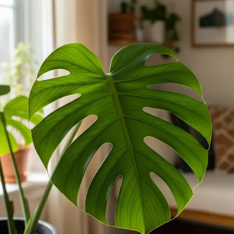 A close-up of a large, healthy Monstera leaf with iconic splits (fenestrations), a sign of proper **monstera care guide** and thriving growth.