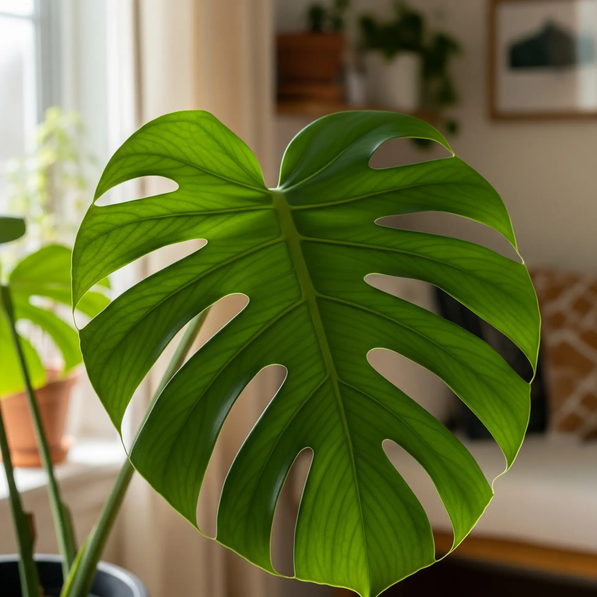 A close-up of a large, healthy Monstera leaf with iconic splits (fenestrations), a sign of proper **monstera care guide** and thriving growth.