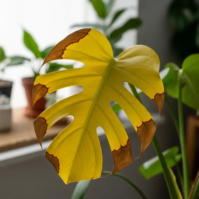 A yellowing Monstera leaf with brown tips, a common sign of overwatering and a key aspect of **how to care for Monstera**.