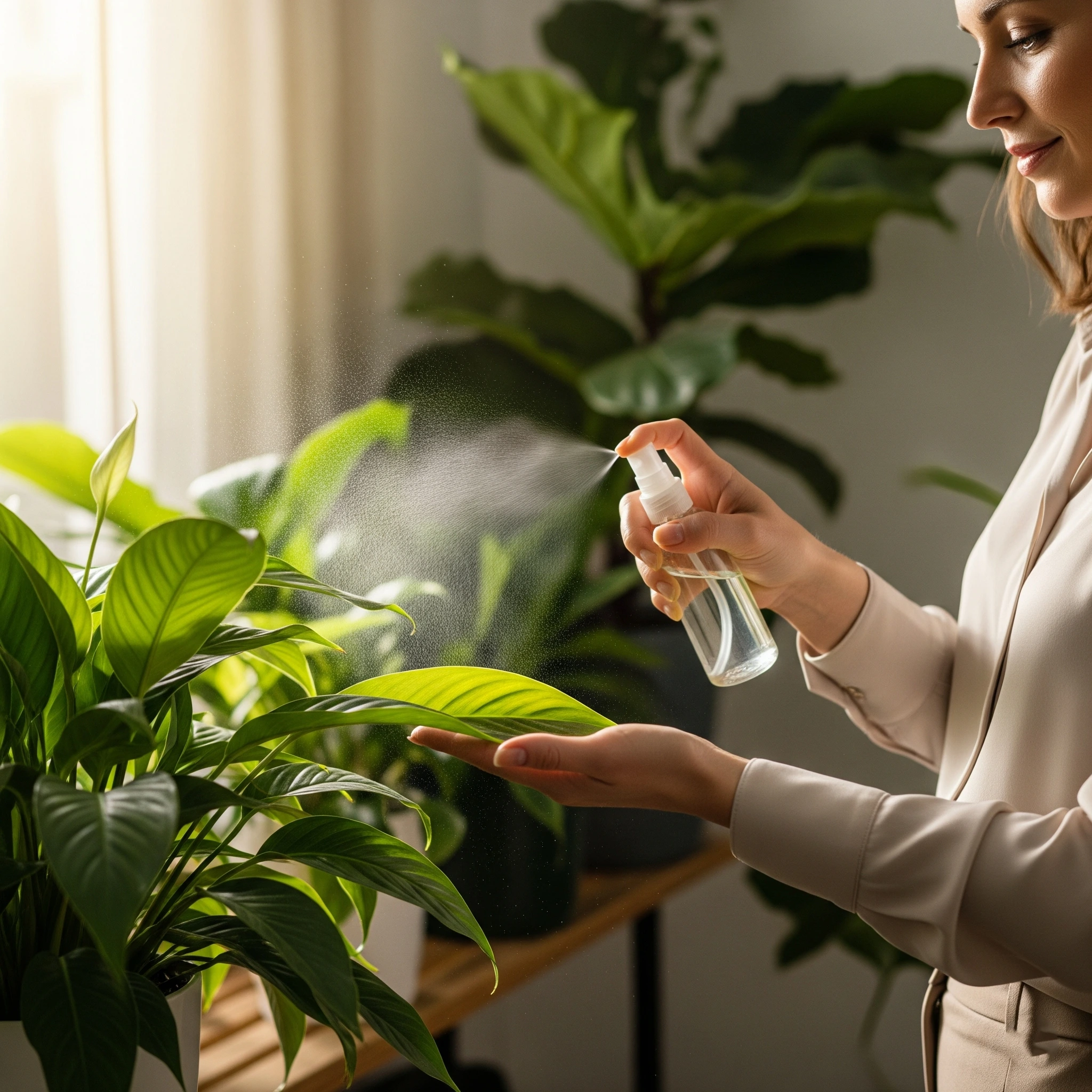 A person spraying a houseplant with a neem oil solution, a key step in **natural pest control for indoor plants**.