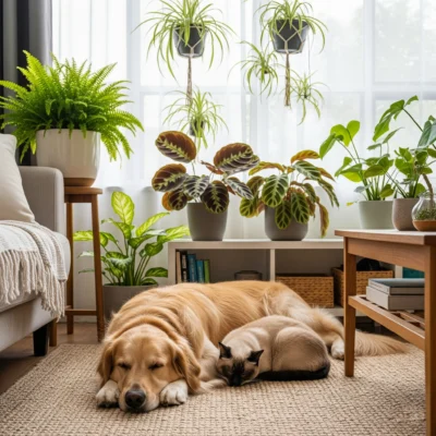 A happy dog and cat playing near a collection of **pet-friendly indoor plants**, creating a safe and joyful home environment.