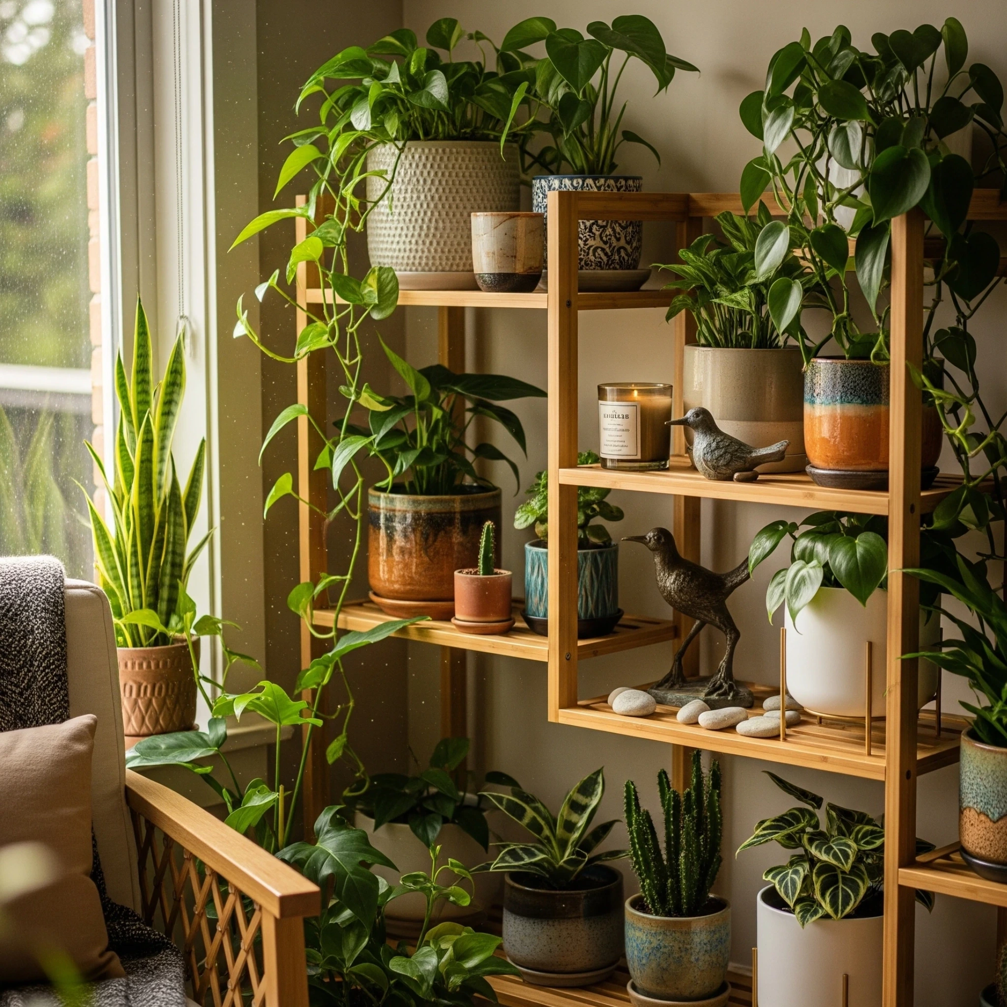 A beautifully decorated plant shelf with a variety of houseplants and decor, offering unique **plant shelf ideas** for home styling and small spaces.