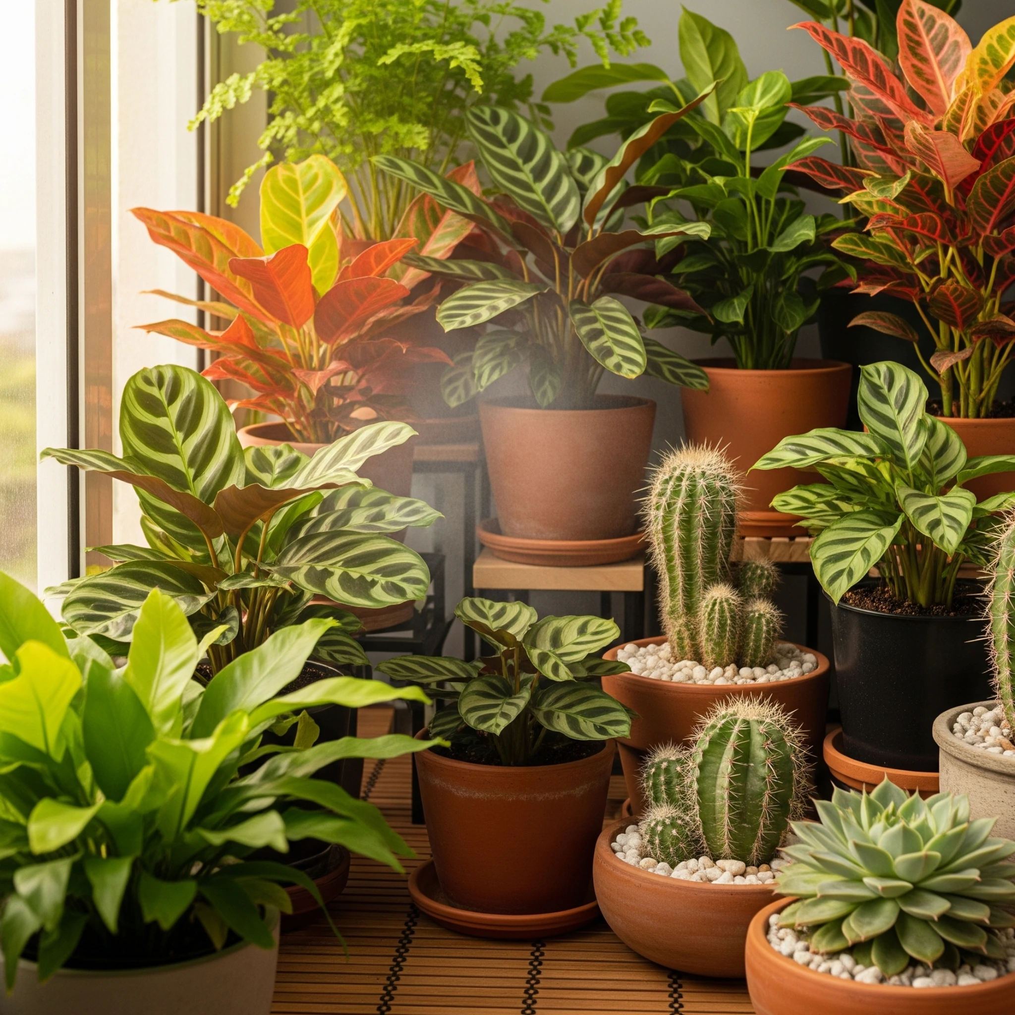 A collection of plants that love high humidity and plants that tolerate dry air, demonstrating diverse needs for **humidity for indoor plants**.