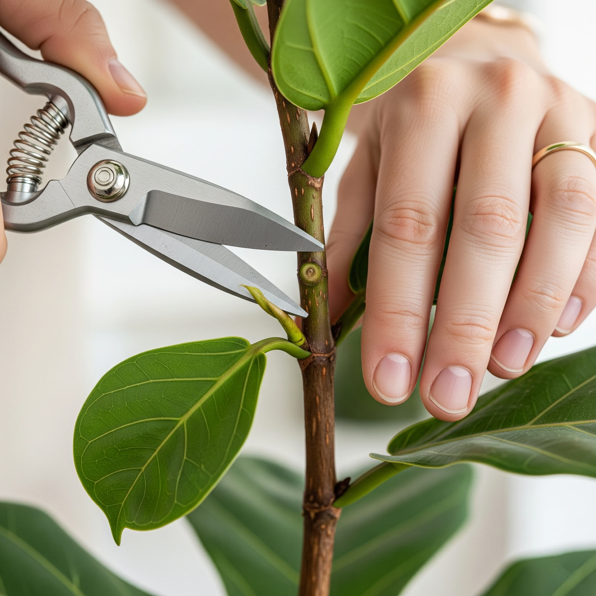 A person pruning a Fiddle Leaf Fig, a crucial step in advanced **Fiddle Leaf Fig care** for shaping a healthy plant.