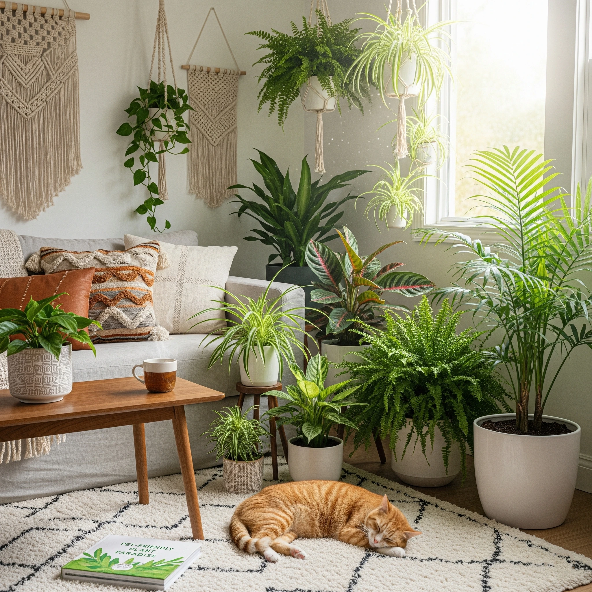 A safe and harmonious living room with a cat relaxing near **pet-friendly indoor plants**, creating a peaceful home.