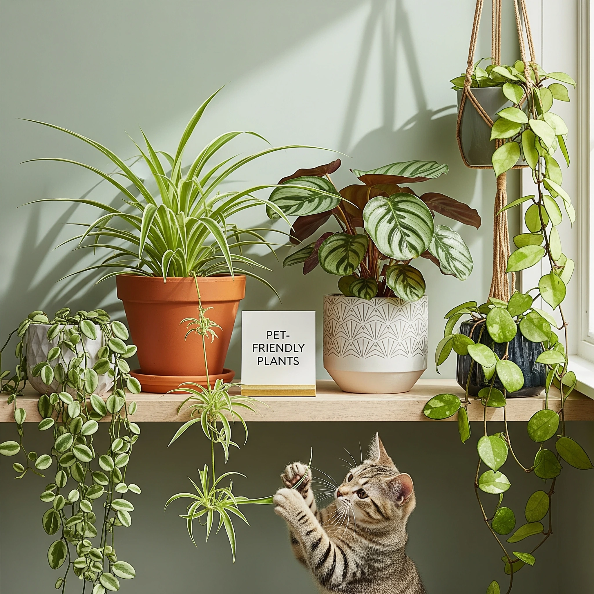 A collection of diverse **pet-friendly indoor plants**, including a Spider Plant and a Calathea, arranged in a home setting.
